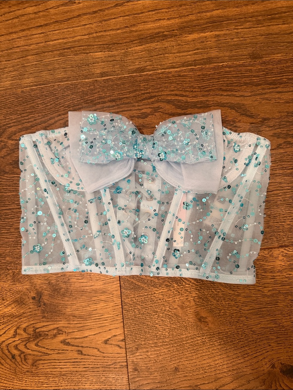 Urban Outfitters Light Blue Sequin Bow Overlay Top